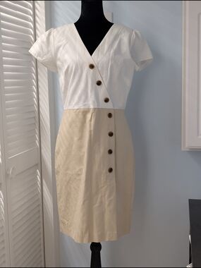 Ann Taylor Cotton Linen Colorblock Button Sheath Dress Size 4 White Tan